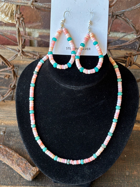 Pink Conch & Campitos Turquoise 4mm Bead 14”-16” Necklace & Earring 2.6” Set