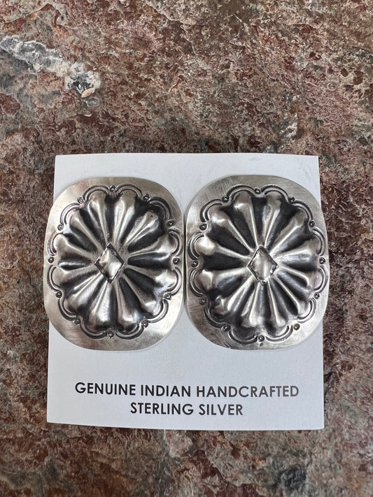 Native American Handmade by Sylvia Lee Sterling Concho Post Earrings 1.5” x 1.25”