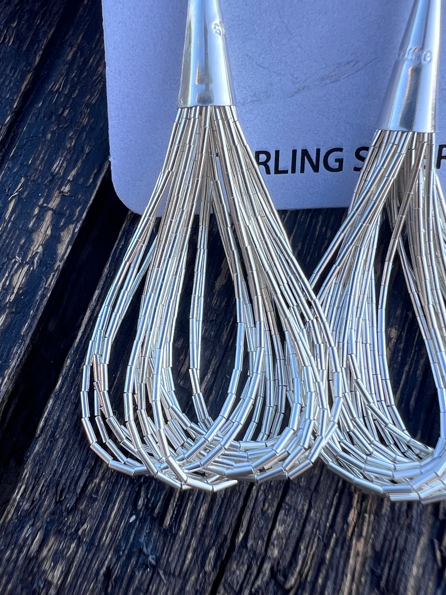 Sterling Liquid Silver Heishi 15-strand Dangle Hoop Earrings 2”