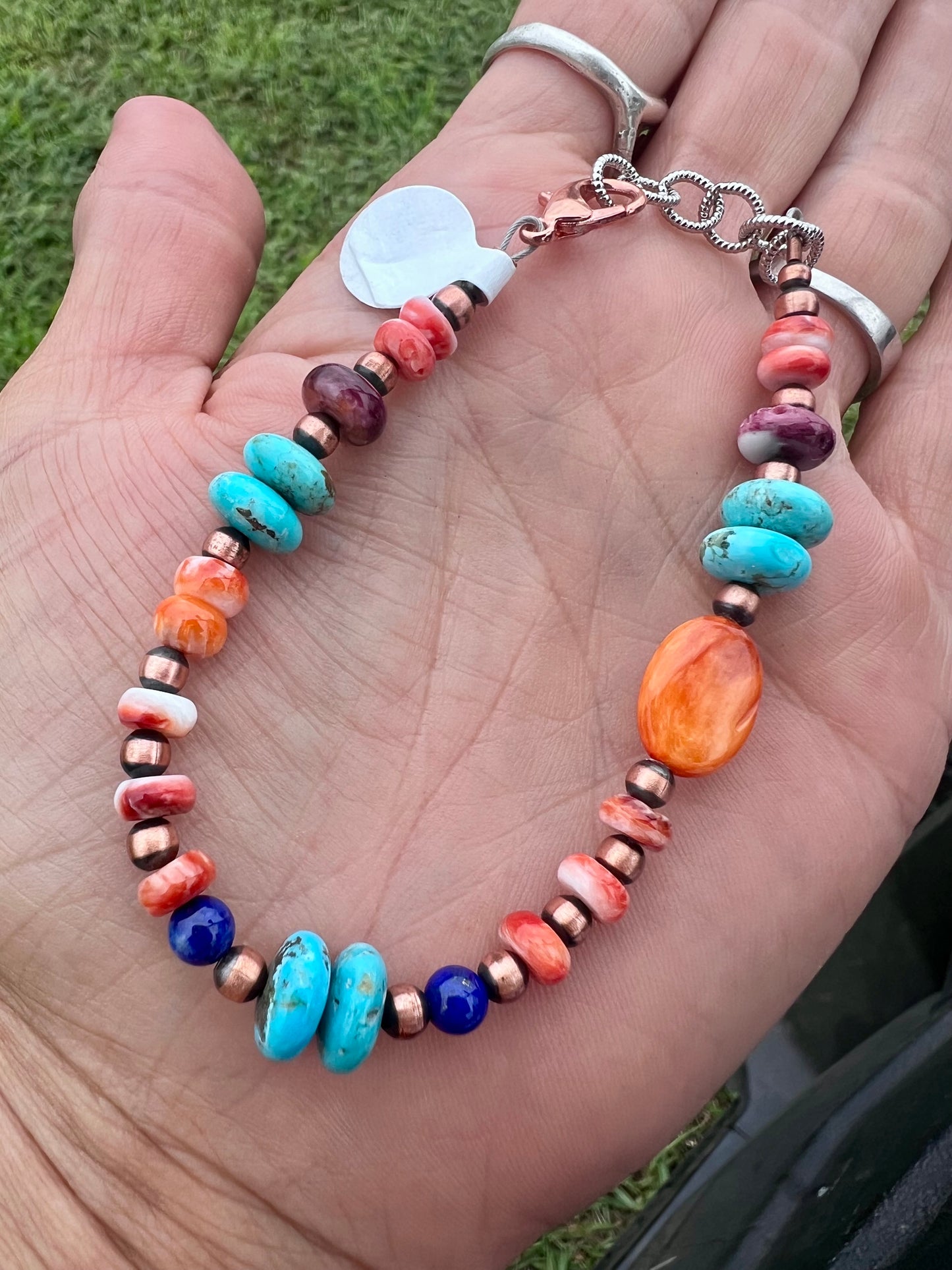 Copper, Orange/Red/Purple Spiny, Turquoise & Lapis Beaded 4-10mm Bracelet Sz 7-8”