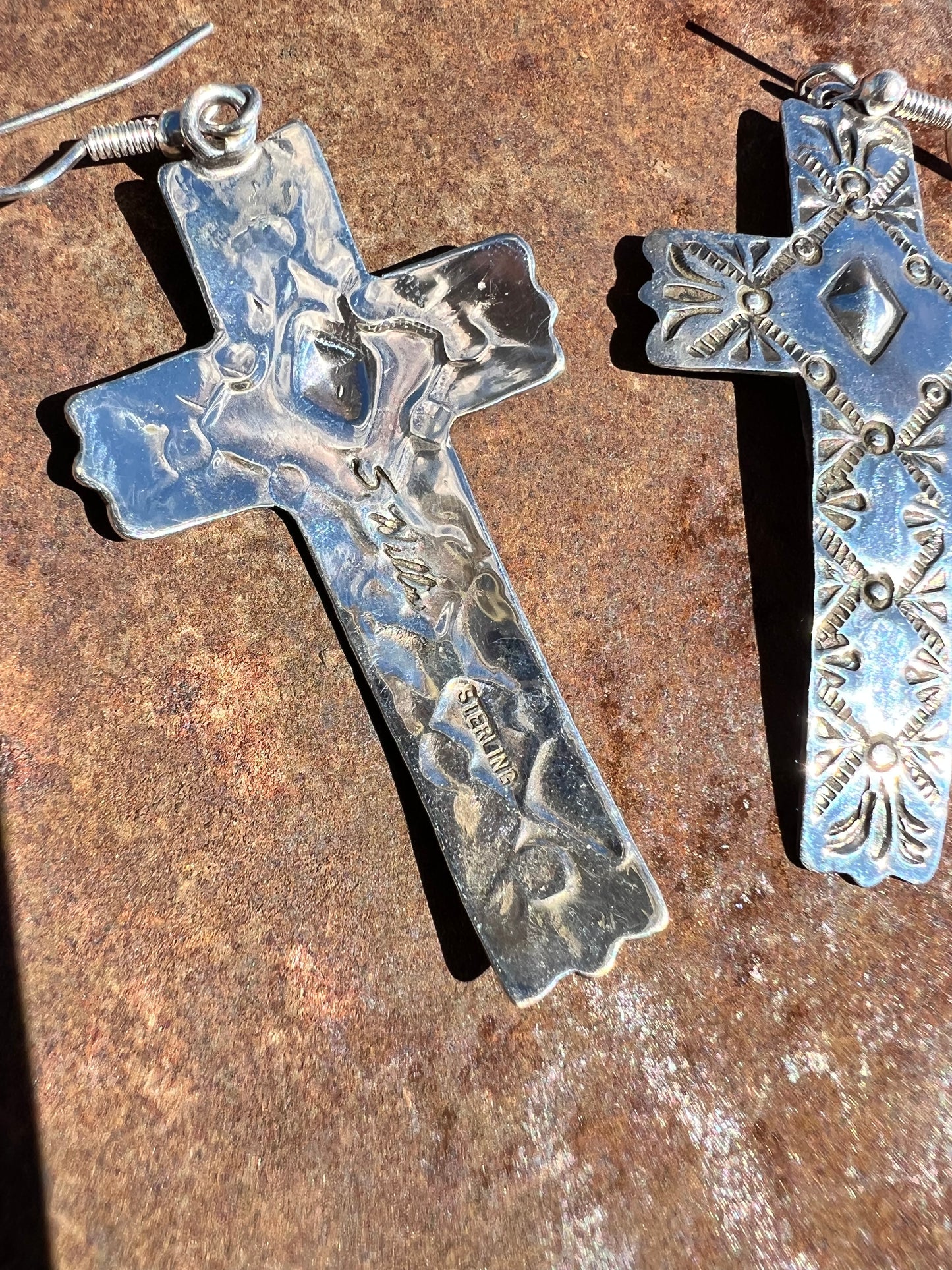 Navajo Handmade by SHAMINIKA WILLIE. Sterling Silver Stamped/Repousse Dangle Cross Earrings
