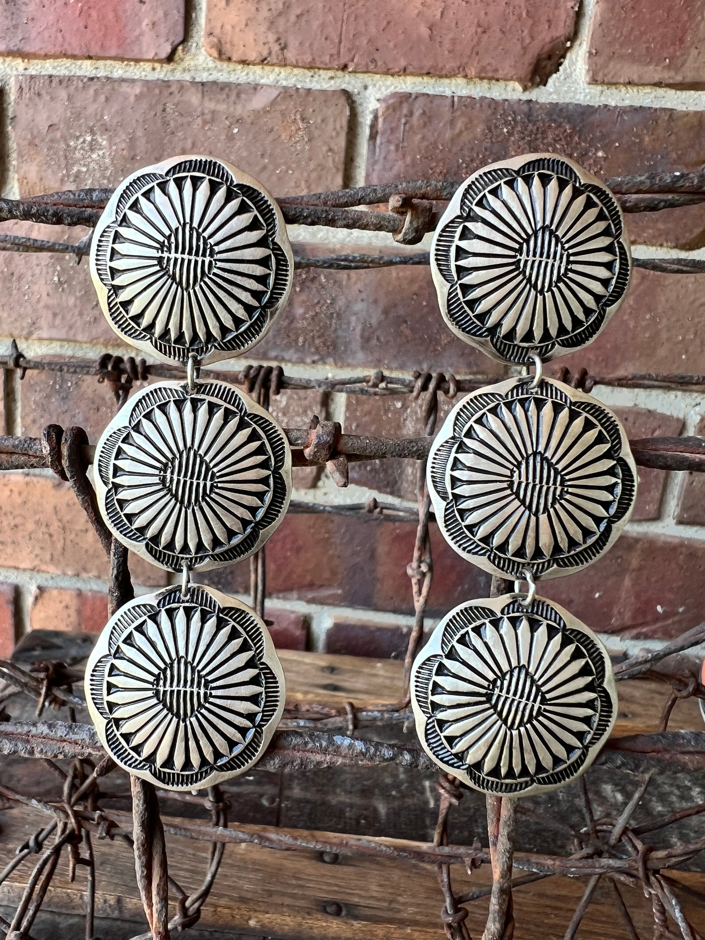 Handmade by Leander Tahe Sterling Stamped 3-Concho(1 1/8”)Post Dangle Earrings 3.5”