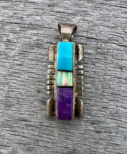 Vintage Native Handmade Sterling, Turquoise, Opal & Sugalite Inlay Pendant