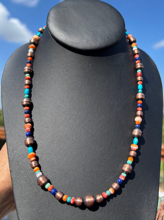 Copper, Turquoise, Lapis, Red Spiny & Orange Spiny Necklace 18-20”