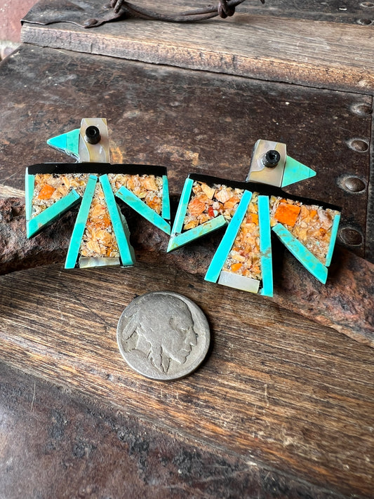 Native Santo Domingo Kewa Handmade by James Crespin. Orange Coral, Turquoise, Mother of Pearl & Jet Thunderbird Post Earrings