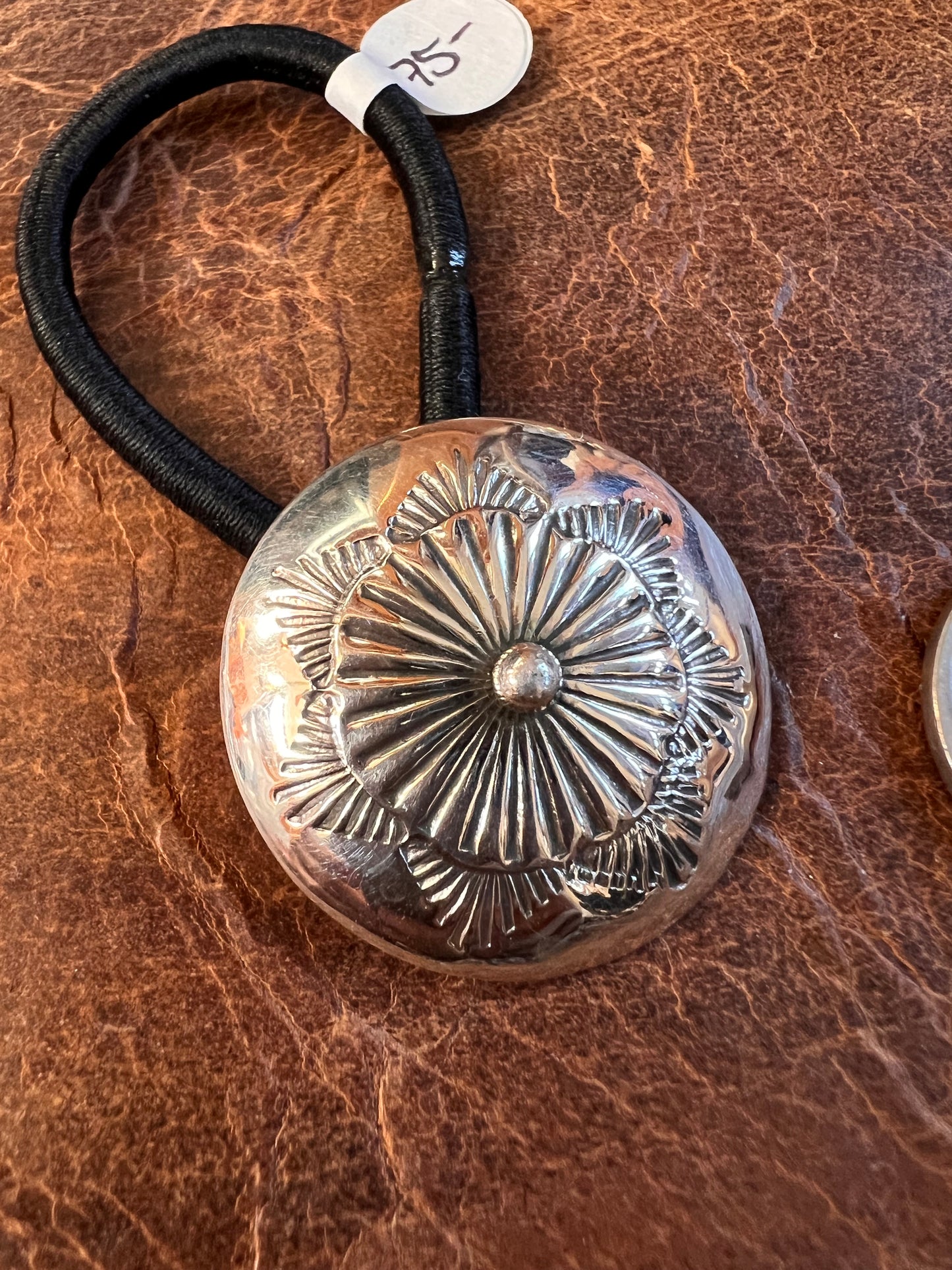 Handmade by Sally Shirly Sterling Silver Stamped Concho Hair-tie 1 1/8”