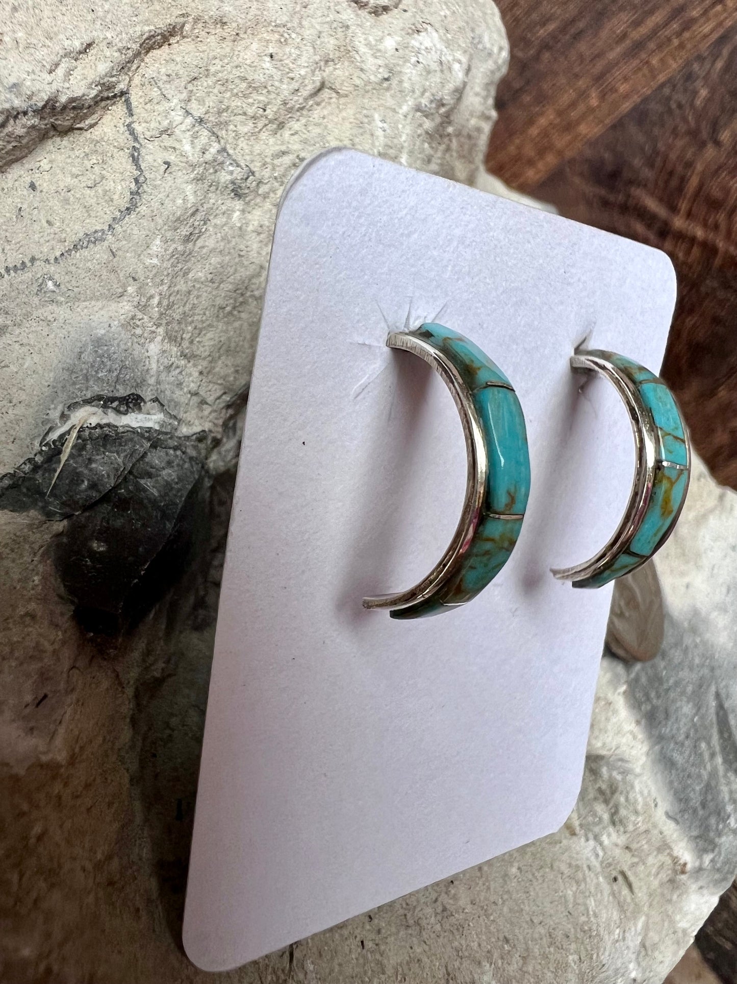 Handmade Sterling & Kingman Turquoise Inlay Half-hoop Post Earrings