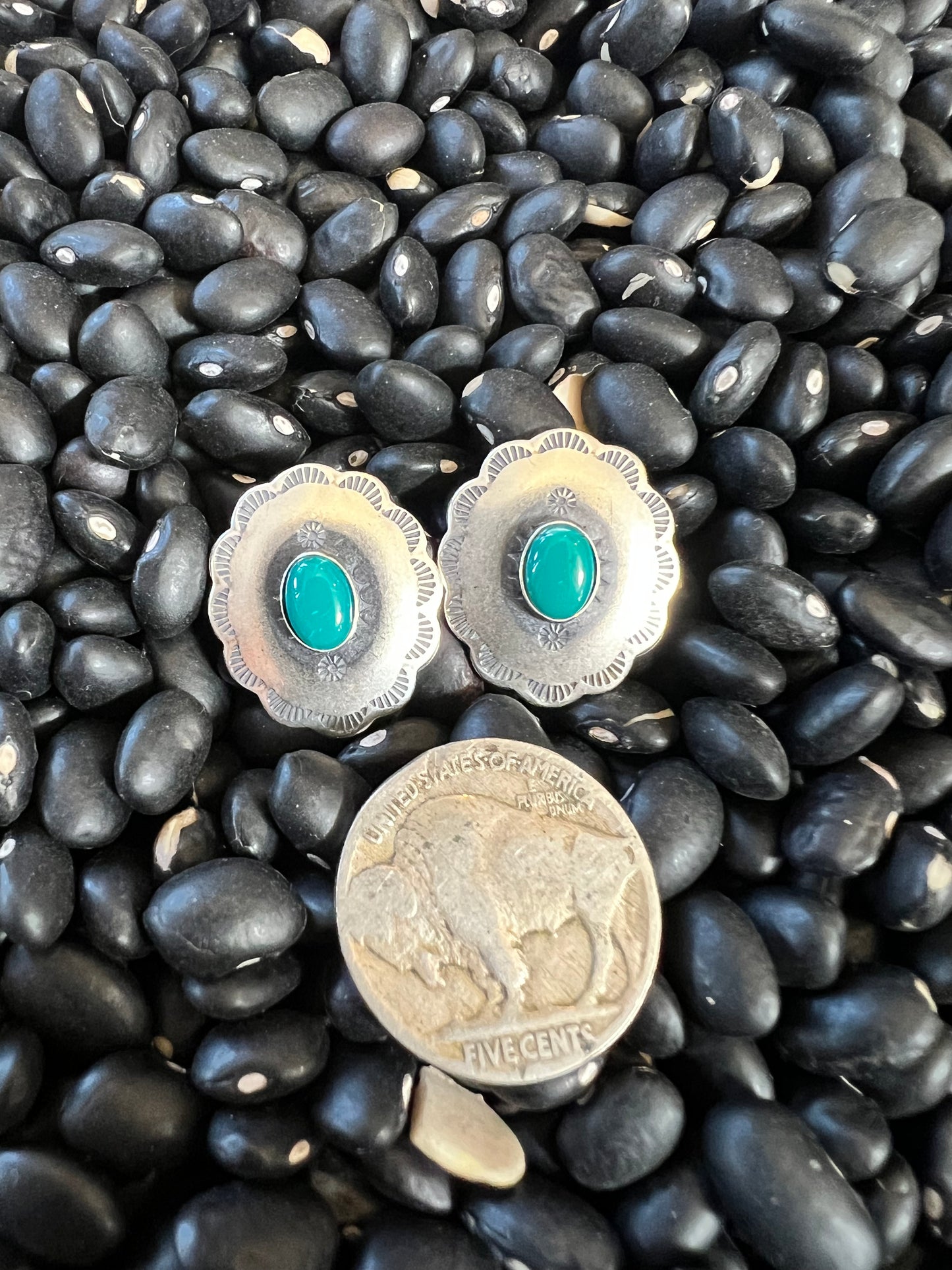 Kingman Turquoise & Sterling Silver Scalloped Oval Concho Post Earrings 7/8” x 3/4”