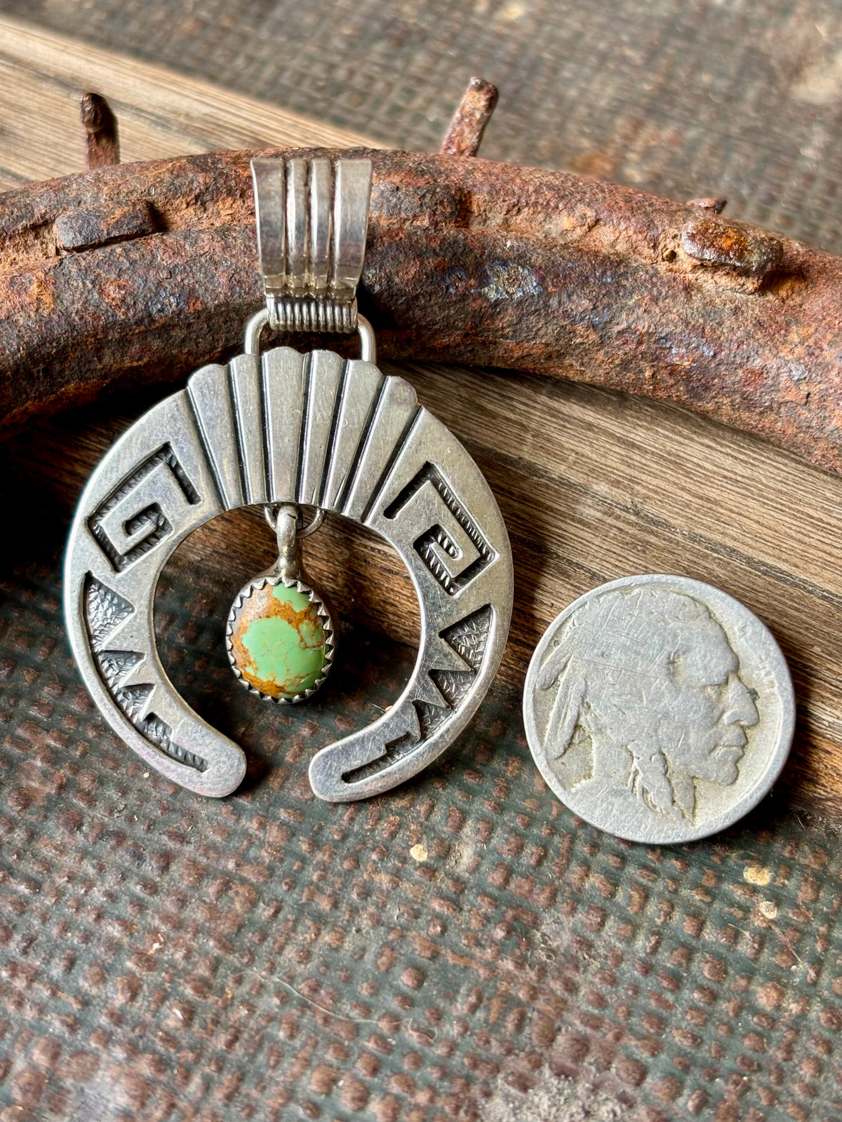 Vintage Sterling Silver Overlay Design with Green Royston Turquoise Naja Pendant - Navajo Handmade by Cester Charlie