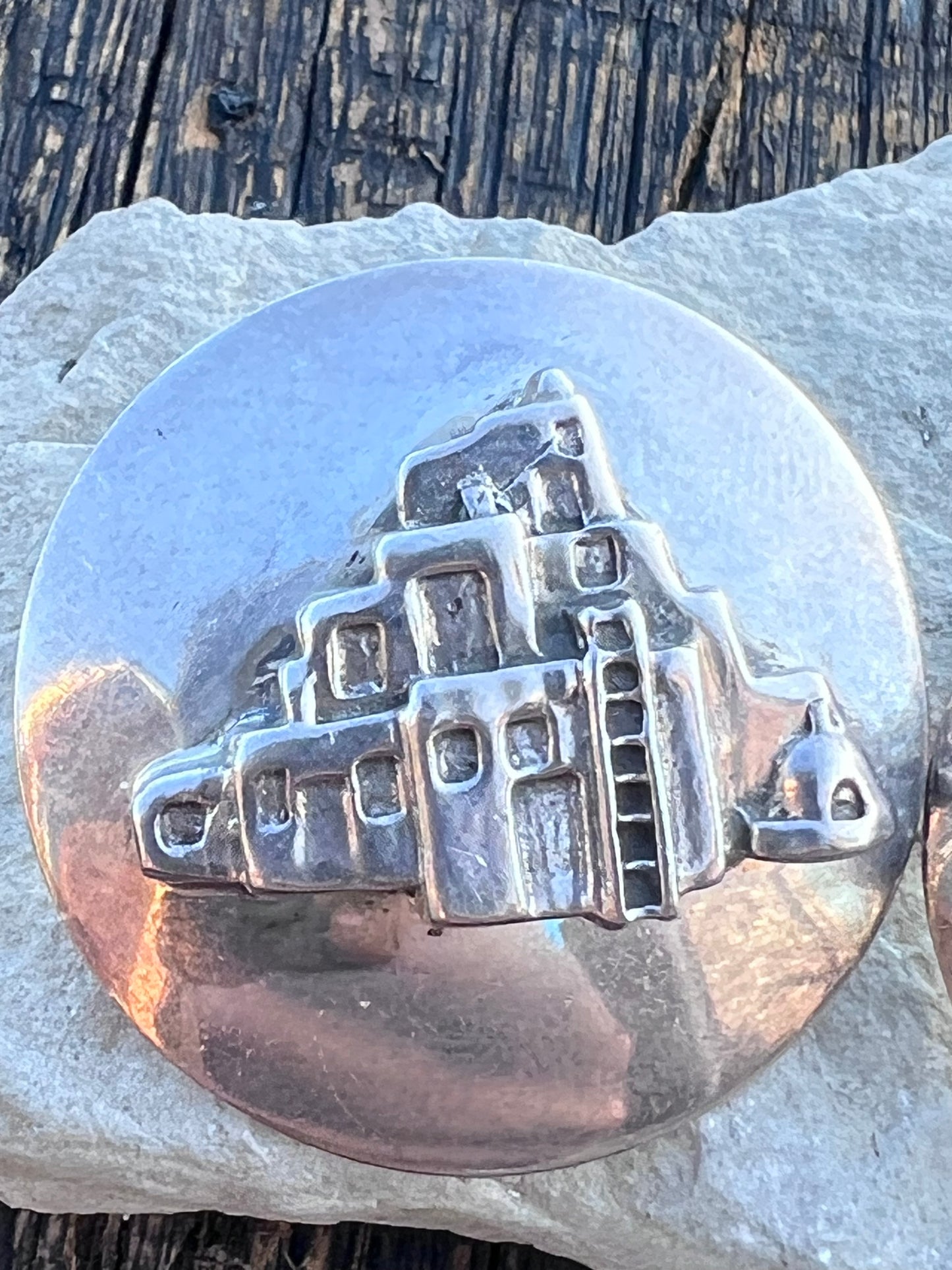 Vintage Southwest Sterling Adobe Pueblo Post Concho Earrings- Handmade by Carol Felley 1.25”