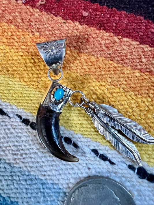 Navajo Handmade by Ernest Hawthorne Sterling Silver, Turquoise & Badger Claw w/Feathers Pendant 2”