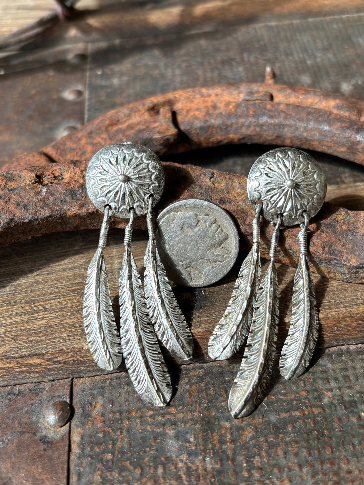 Vintage Native Handmade Concho Feather Dangle Post Earrings 2.5”