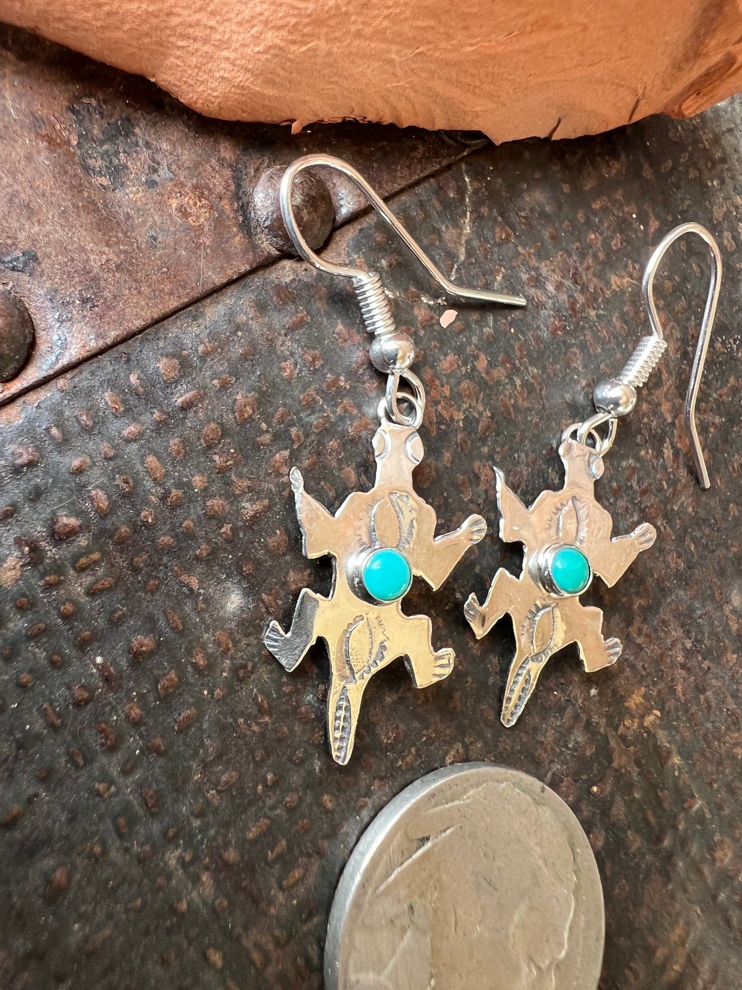 Dainty Handmade by Lucille Platero (Navajo) Turquoise & Sterling Silver Lizard Earrings 1 5/8” Length