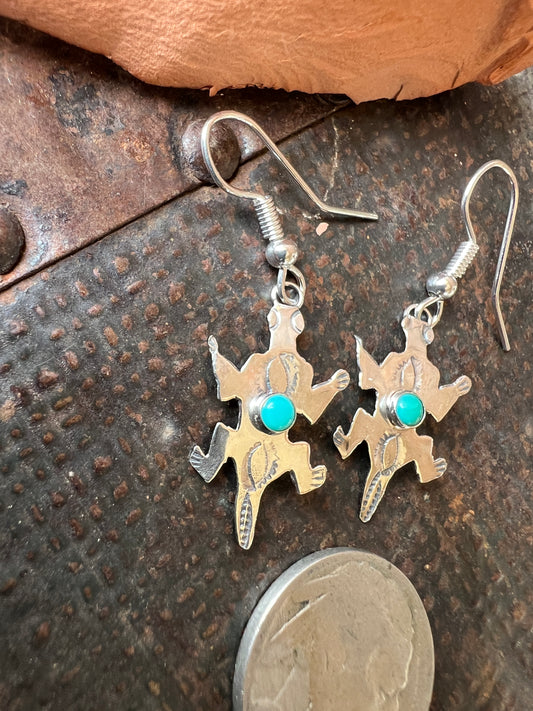 Dainty Handmade by Lucille Platero (Navajo) Turquoise & Sterling Silver Lizard Earrings 1 5/8” Length
