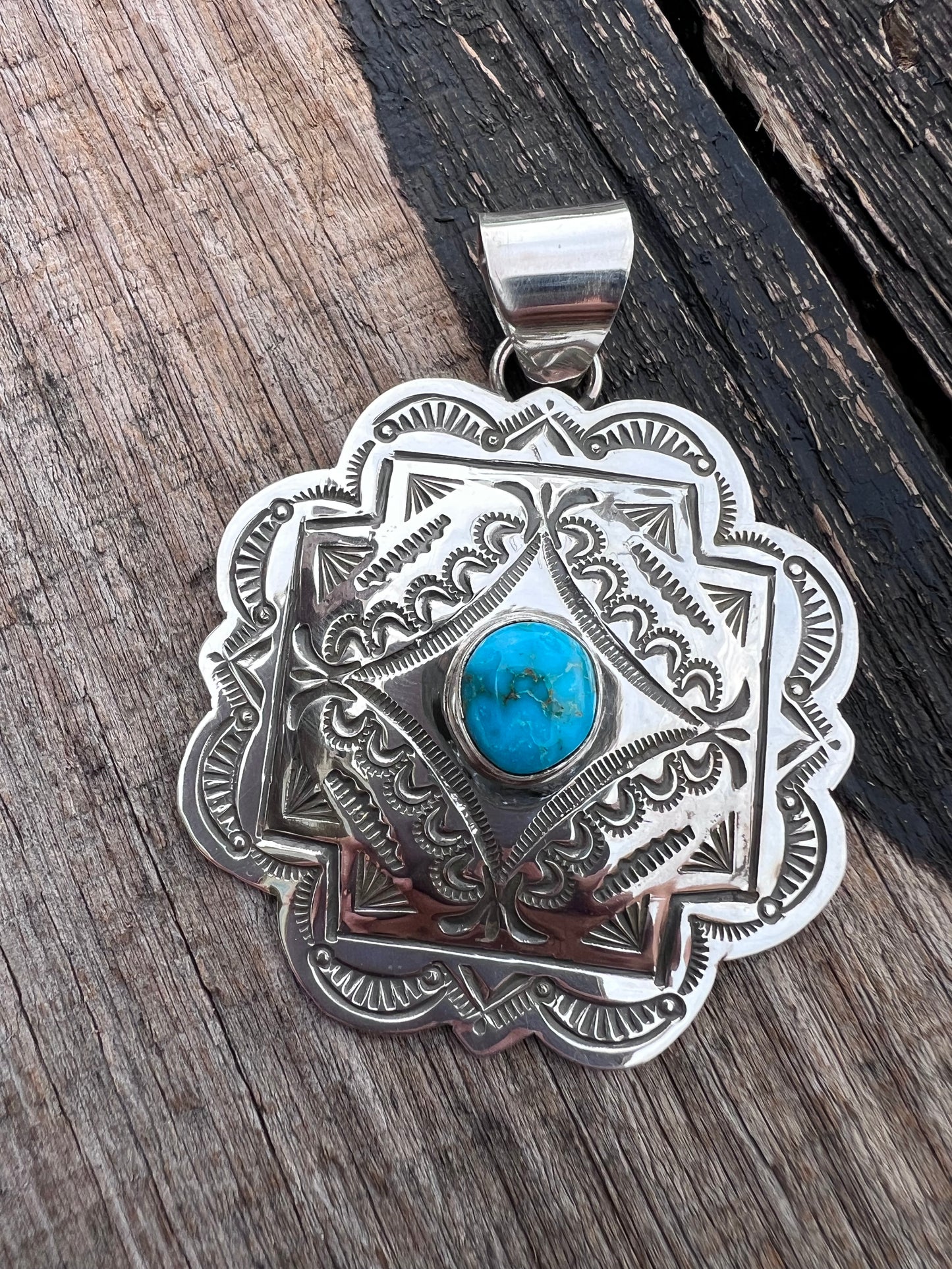 Native American Handmade by Arnold Blackgoat- Sterling & Turquoise Pendant 2.75” x 2”