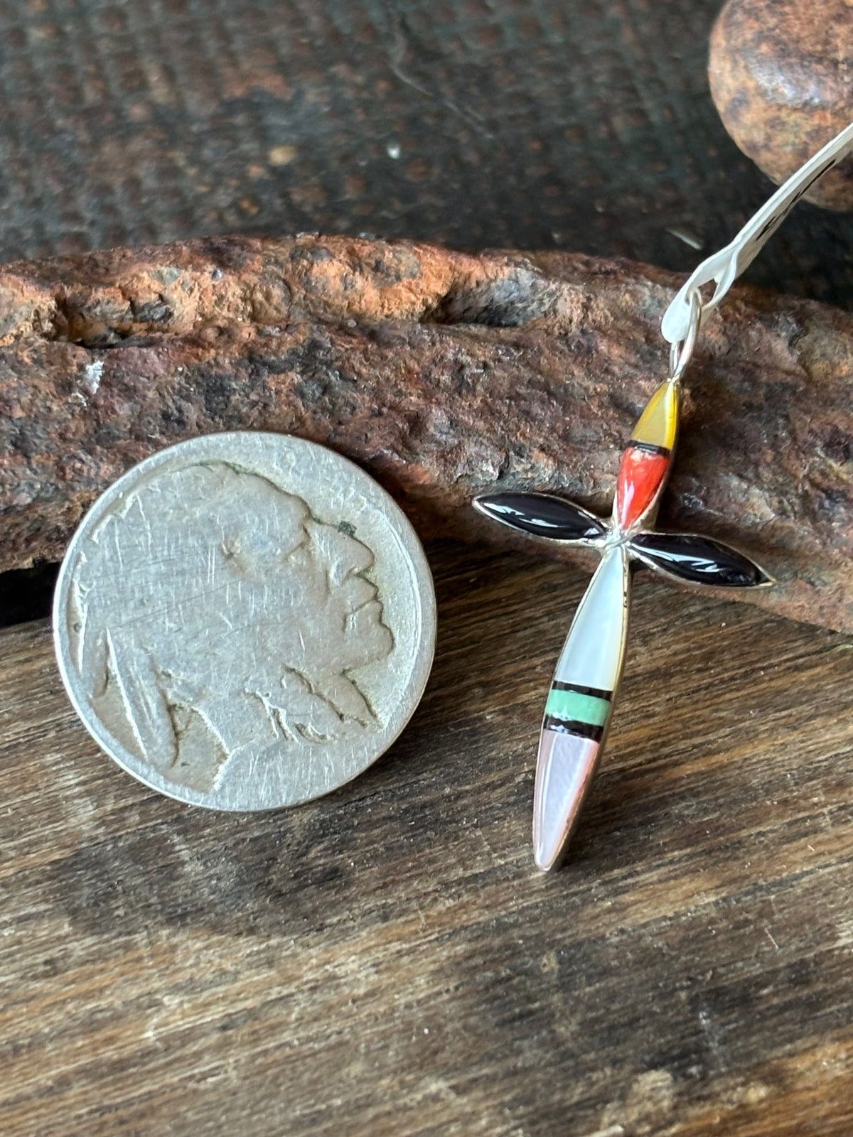Zuni Handmade Sterling & Multi-stone Inlay Cross Pendant 1.5”