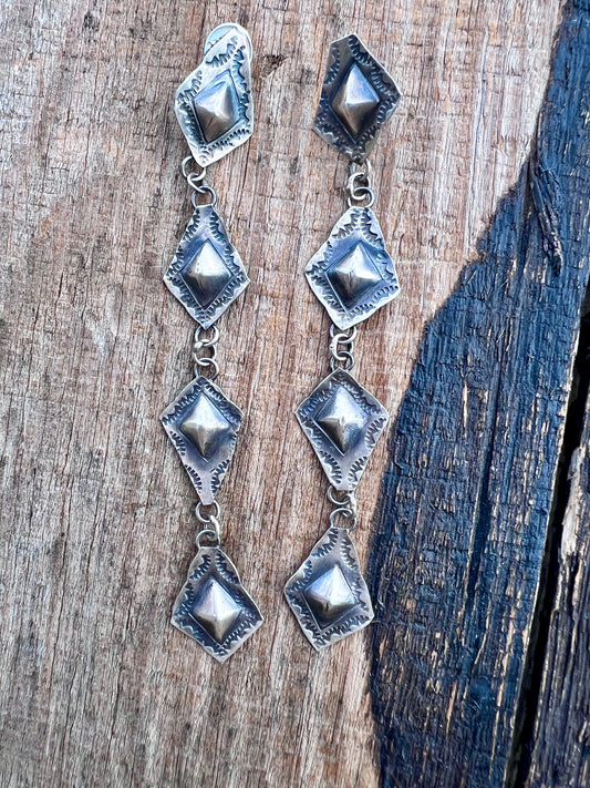 Native Navajo Handmade Sterling Diamond Dangle Earrings 4.5”
