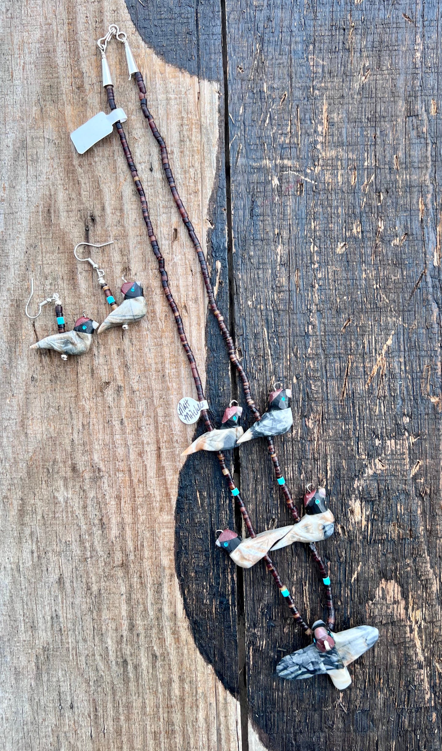 Matthew Mitchell Handmade Jasper Quail Fetish Earrings & Necklace 24”