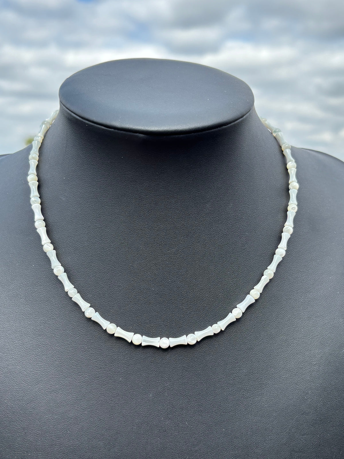 Mother-of-Pearl Bamboo & Round Beaded Necklace 17.5”