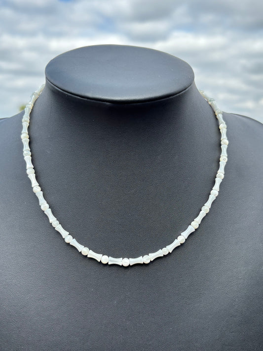 Mother-of-Pearl Bamboo & Round Beaded Necklace 17.5”