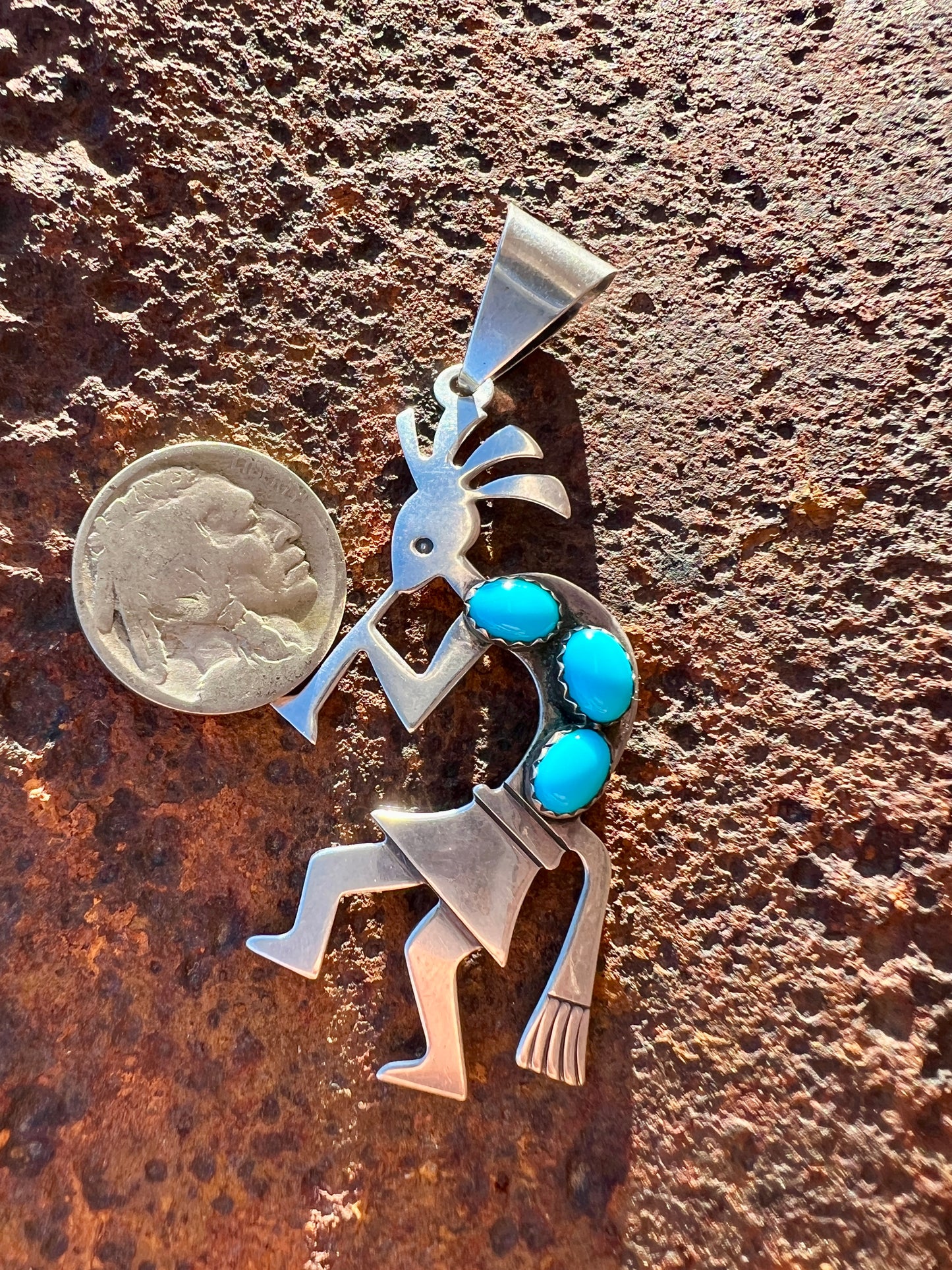 Navajo Handmade by Ella Peter. Sterling Silver & Sleeping Beauty Turquoise 3-stone Pendant