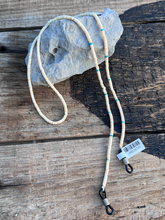 Native American Handmade by Ramona Bird Turquoise & Shell Heishi 3mm Bead Eye-Glass Holder 26”