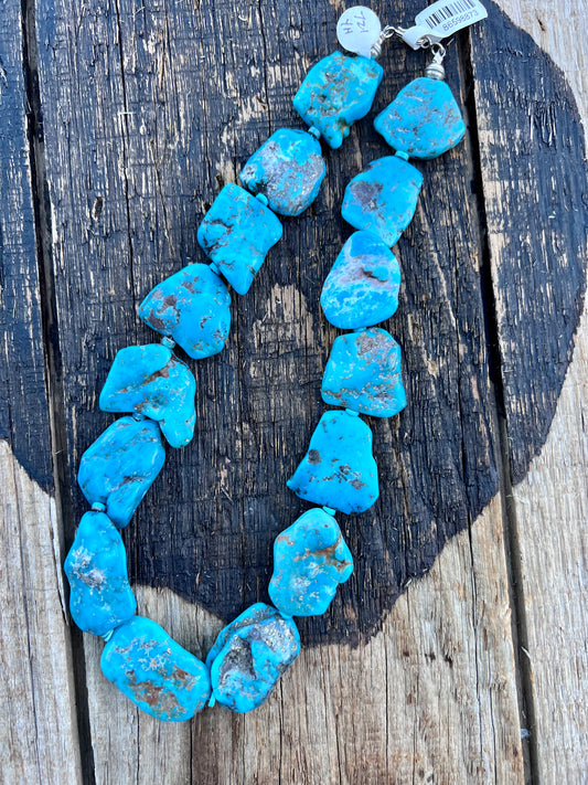 Native American Handmade Chunky Kingman Flat Nugget Necklace 18”
