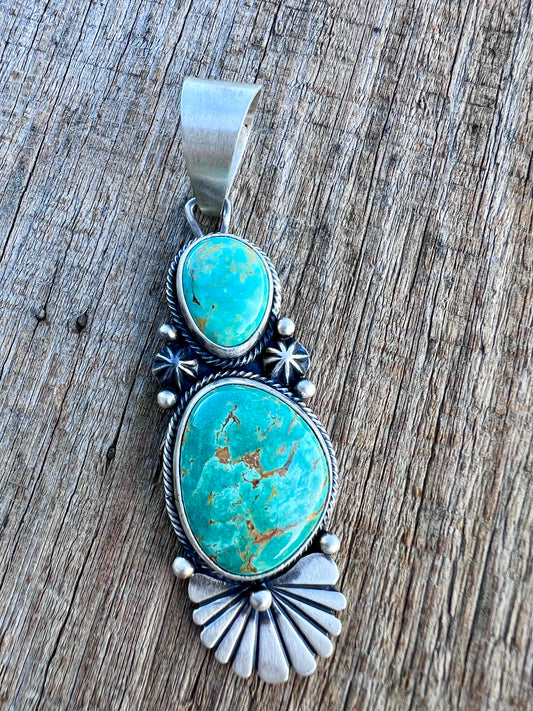 Native American Handmade by D. Benally. Sterling & Carico Lake Turquoise Pendant 3” w/ bale