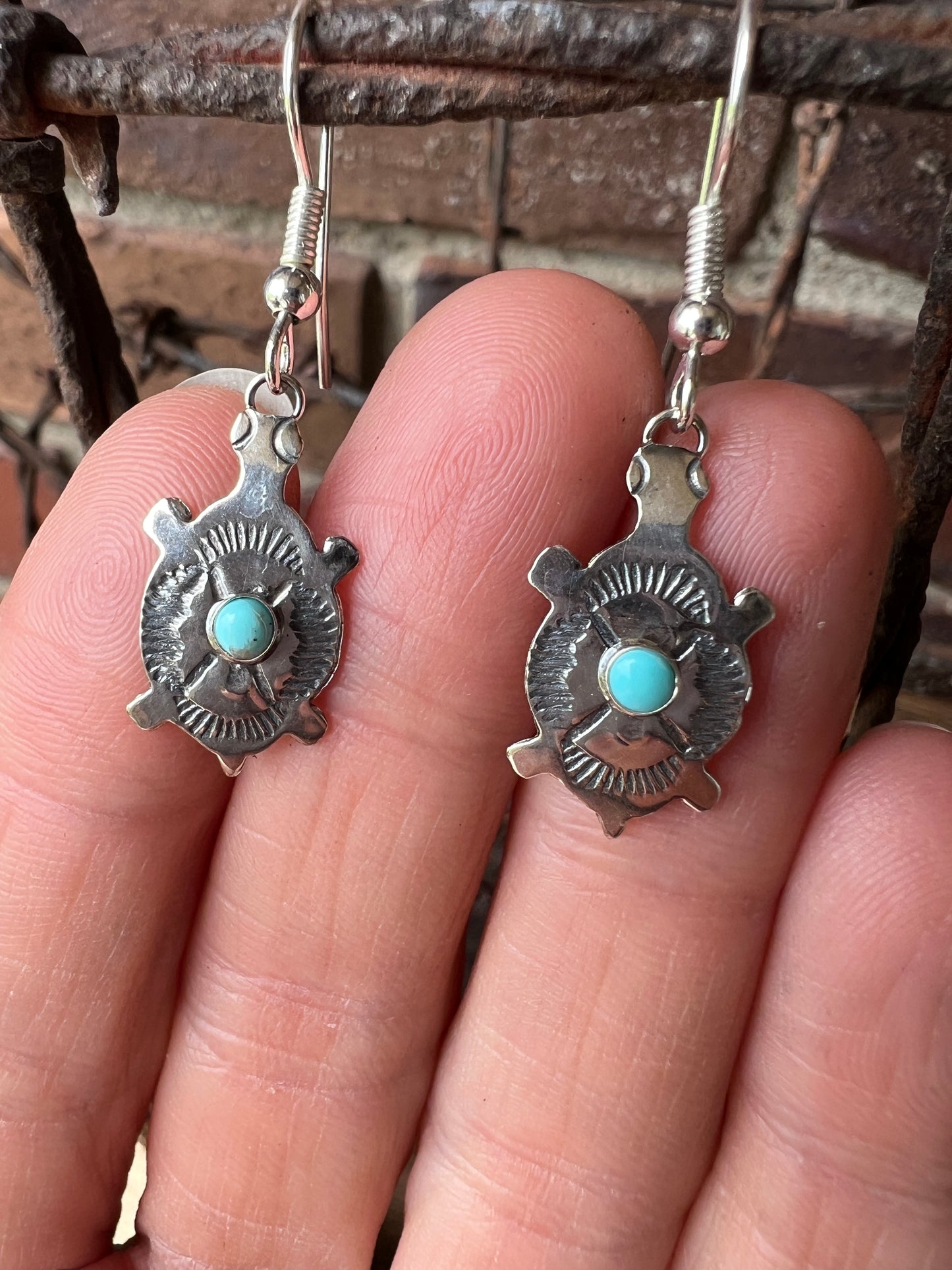 Dainty Handmade by Lucille Platero (Navajo) Turquoise & Sterling Silver Turtle Earrings 1.5” Length