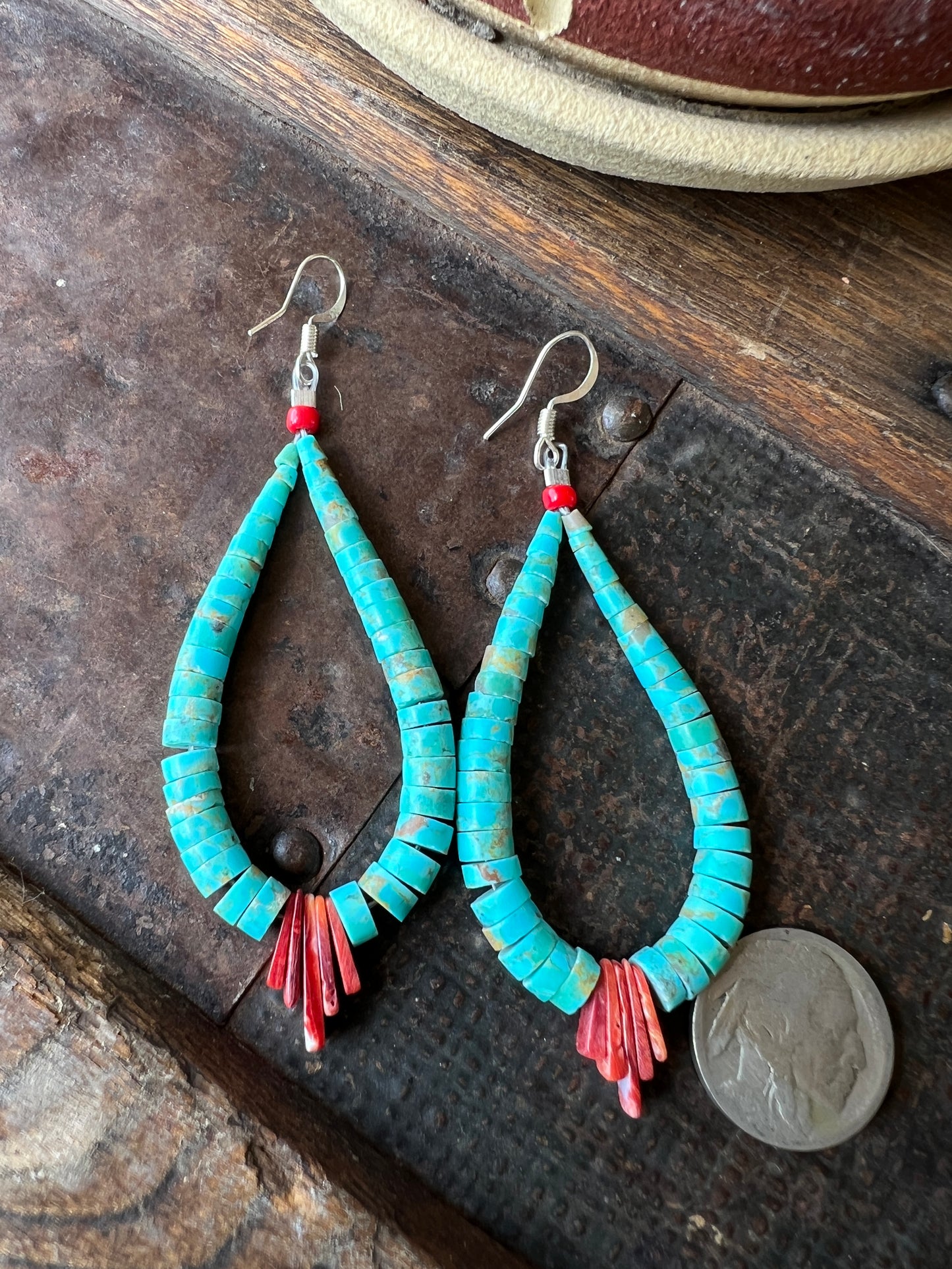 Handmade by Lupe Lovato, JACLA EARRINGS Kingman Turquoise, Red Spiny Oyster & Coral 3.5”