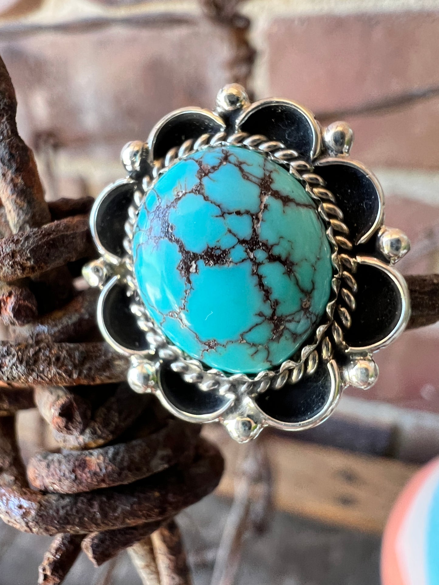 Prince Turquoise & Sterling Silver Ring- Navajo Handmade & signed “M” Size 7