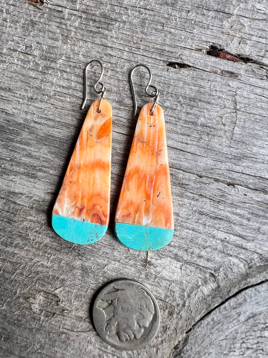 Navajo Handmade by Marcella Castillo- Orange Spiny & Turquoise Dangle Earrings 2.5” long