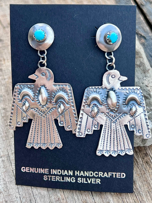 Native American Handmade by Loretta Chee - Sterling & Turquoise Thunderbird Post Dangle Earrings 2.5”x 1 3/8”
