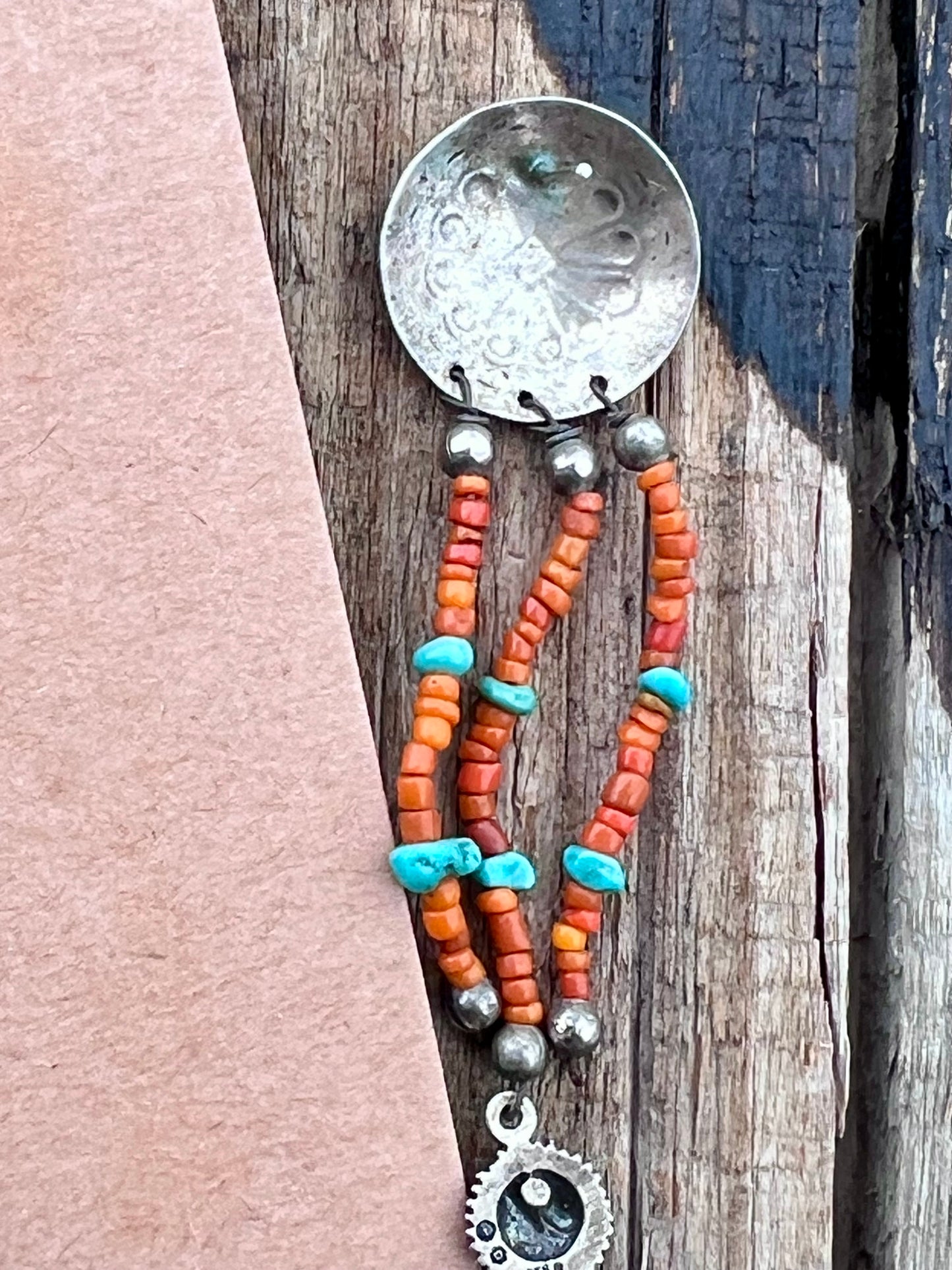 Vintage Handmade Sterling, Orange Spiny & Turquoise Concho Dangle Post Earrings 2.5”