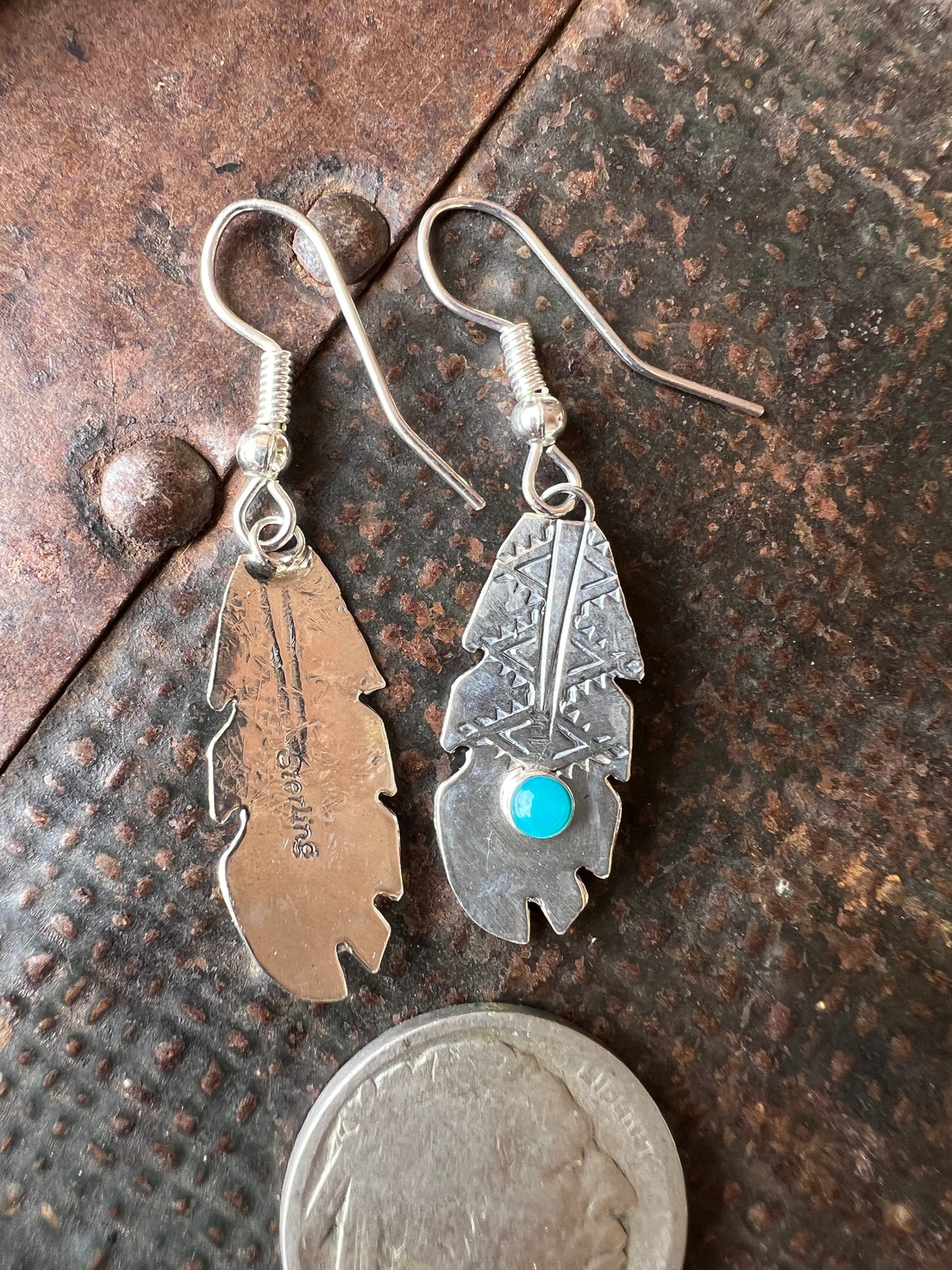 Dainty Handmade by Lucille Platero (Navajo) Turquoise & Sterling Silver Feather Earrings 1 3/4” Length