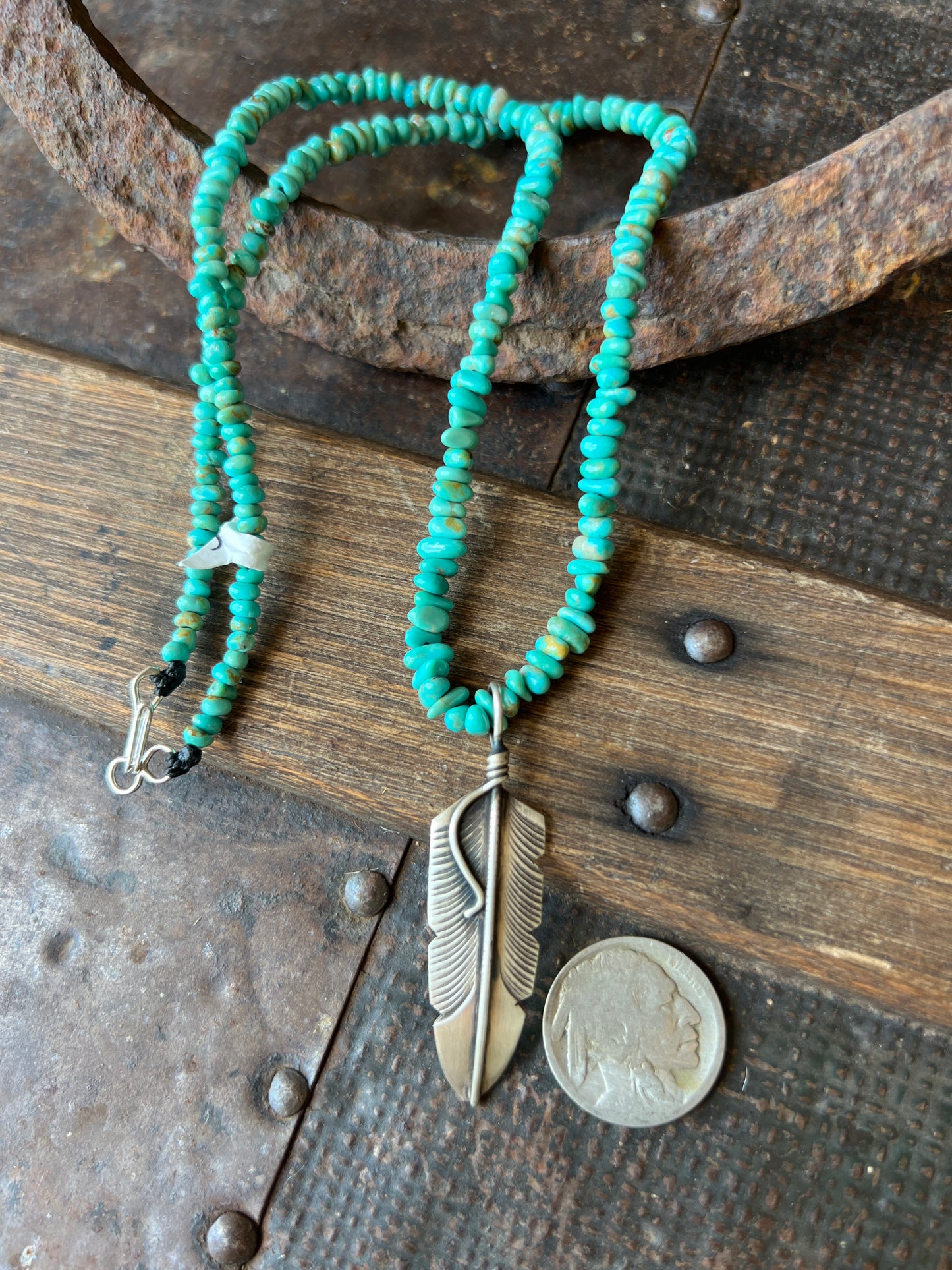 Navajo handmade by Chris Charley Sterling Silver Feather Pendant & 19” Tyrone Turquoise Nugget Necklace with Sterling hook & eye clasp