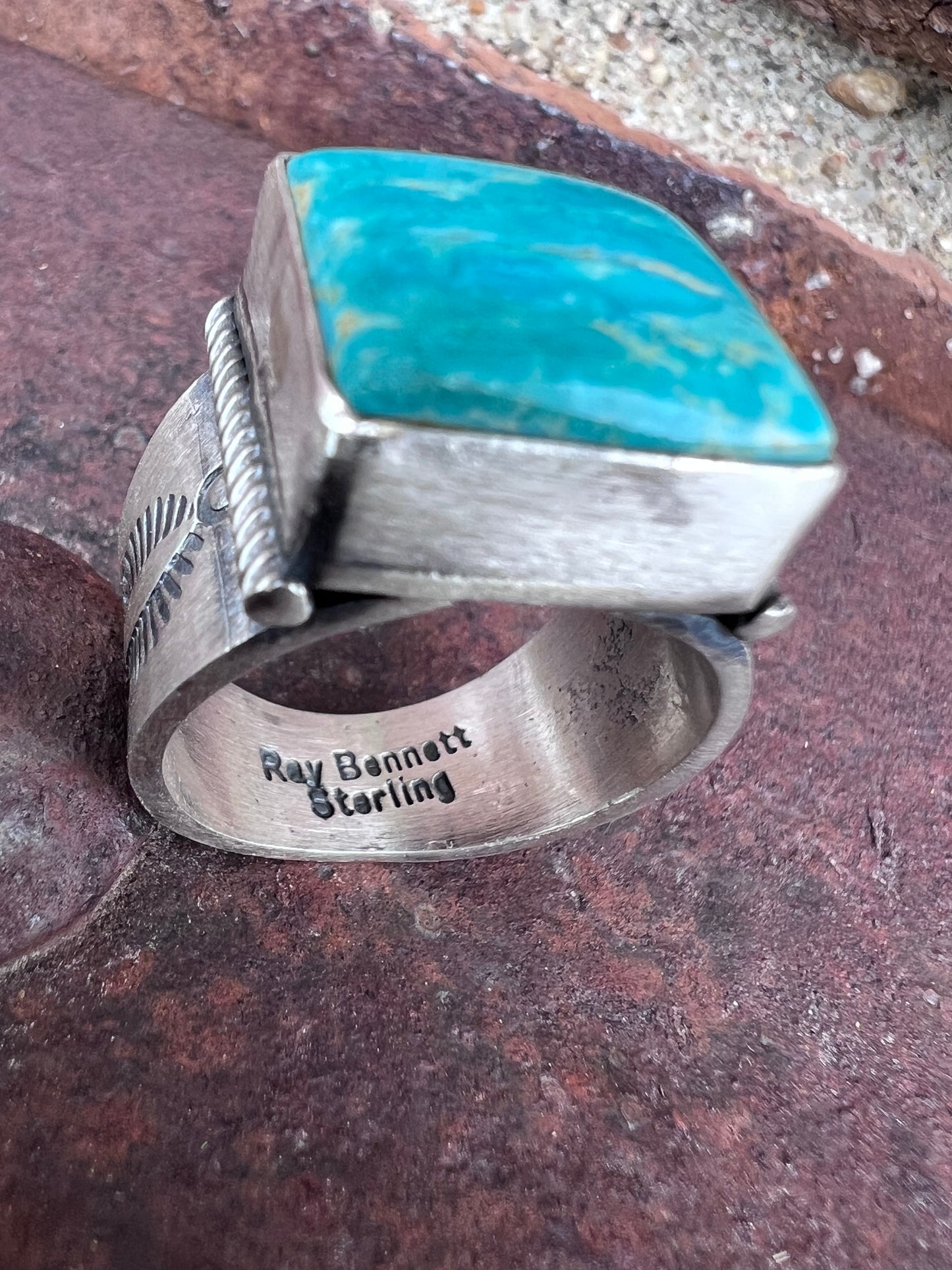Native American Handmade By Ray Bennett. Sterling & Turquoise Square-stone Ring Sz 8