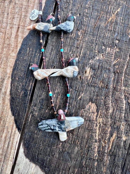 Matthew Mitchell Handmade Jasper Quail Fetish Earrings & Necklace 24”
