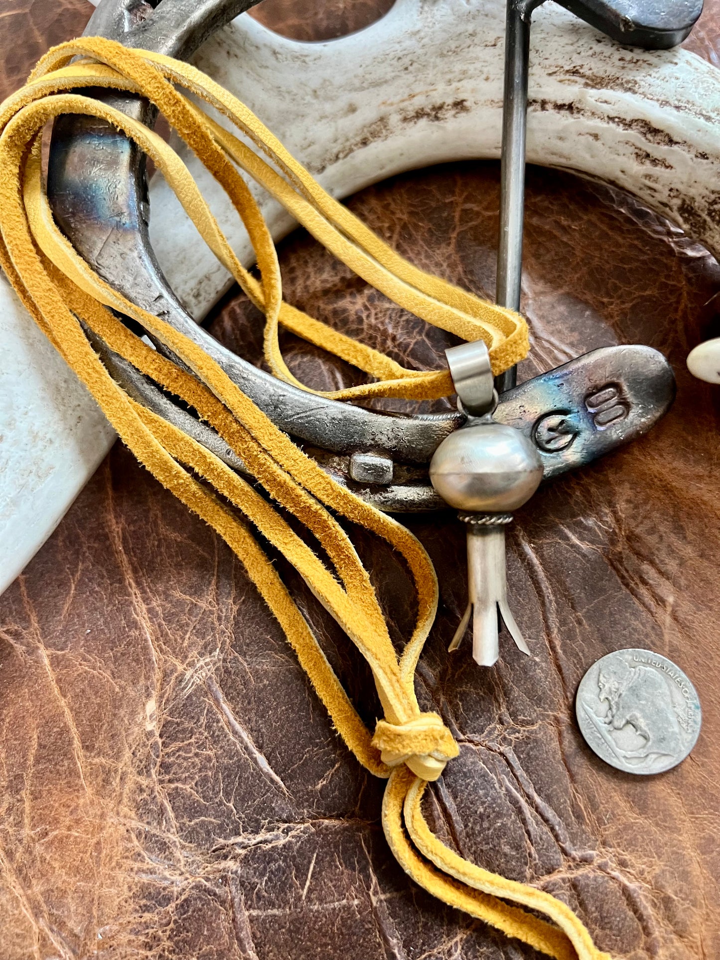 Navajo Handmade by Monica Smith, Sterling Silver Blossom Pendant on Deer Leather Lace Necklace 24”
