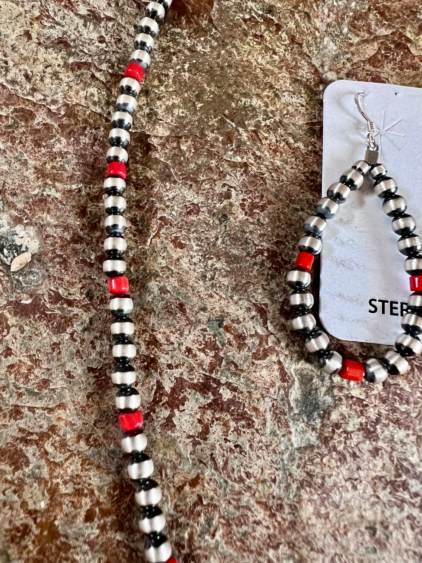 Red Coral & Oxidized Sterling Silver Beads 4mm Earrings 2.25” & Necklace 16”-18”