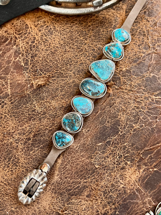 Navajo Handmade by Danny Martinez, signed “M” Sterling, Turquoise on Leather Bracelet Sz 6.5-9”