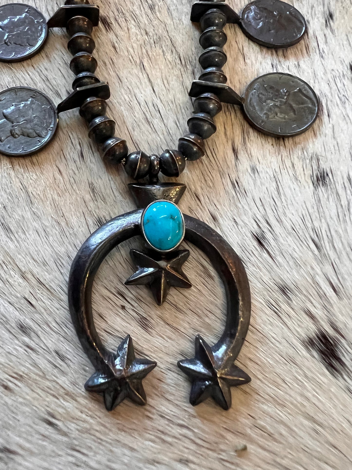Navajo Handmade by Mekechto Jim. Mercury Dime Squash Necklace Cast Naja with Kingman Turquoise and Earrings Set