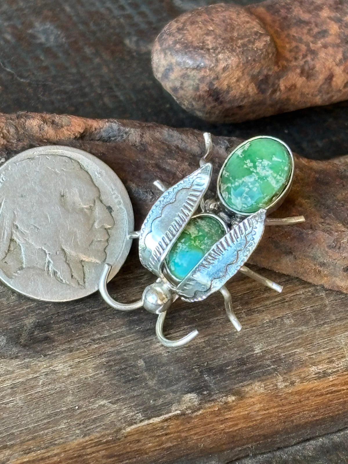 Native Handmade Sonoran Gold Turquoise & Sterling Silver Bug Pin/Brooch