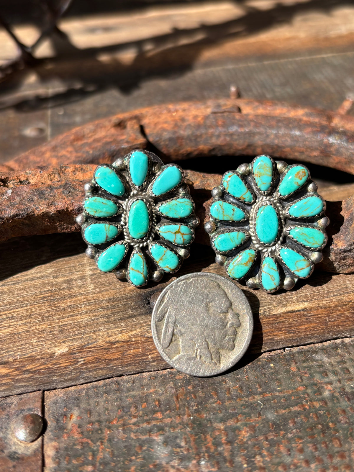 Vintage Native Handmade Sterling Silver & Kingman Turquoise Cluster Post Earrings