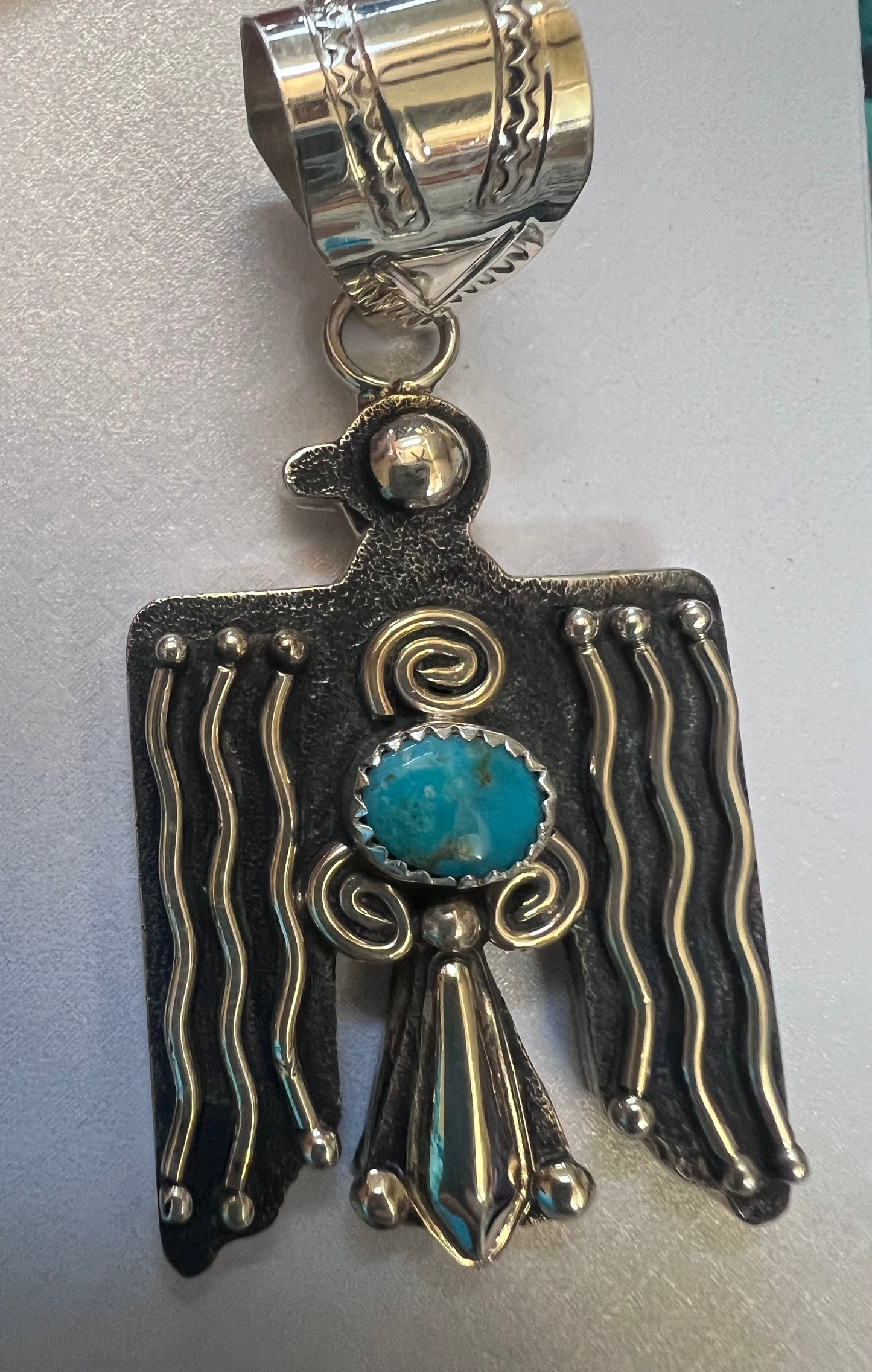 Native American Handmade Sterling Silver 2-tone & Turquoise Thunderbird Pendant 2.75”x 1.25”