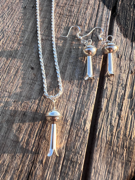 Sterling Silver Blossom Set. 10mm Bead Blossom Dangle Earrings 2” & Rope Necklace 16” w/ Blossom Pendant 1.2”