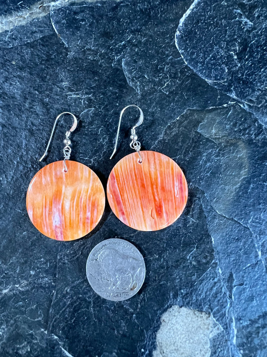 Native Hanmade Orange Spiney Oyster Shell Round Dangle Earrings 2” long
