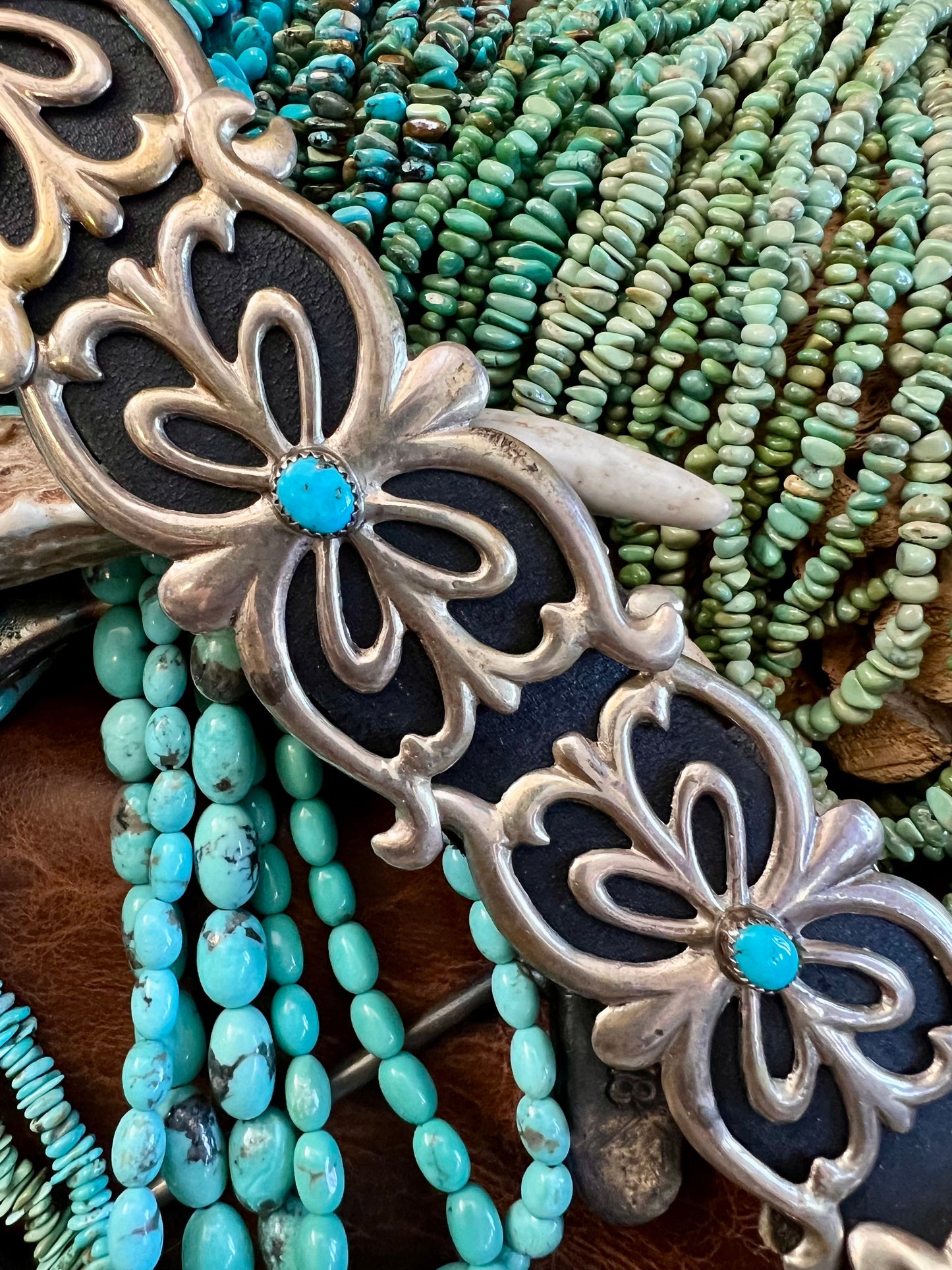 Vintage Navajo Handmade  Sterling Silver Sandcast Buckle Belt with Kingman Turquoise 35”