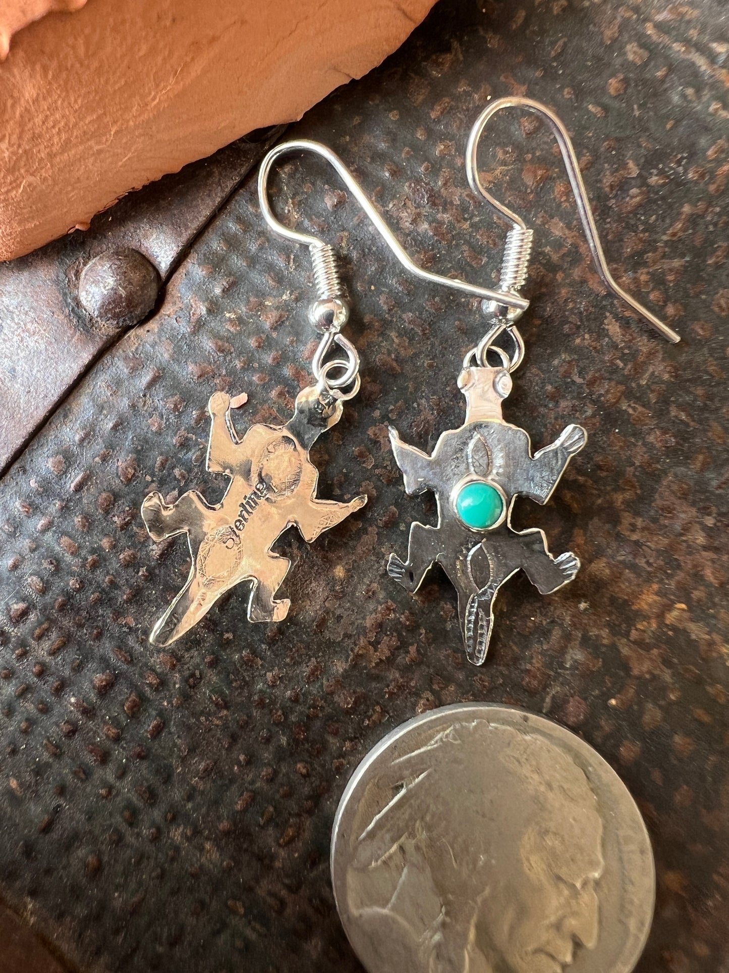 Dainty Handmade by Lucille Platero (Navajo) Turquoise & Sterling Silver Lizard Earrings 1 5/8” Length