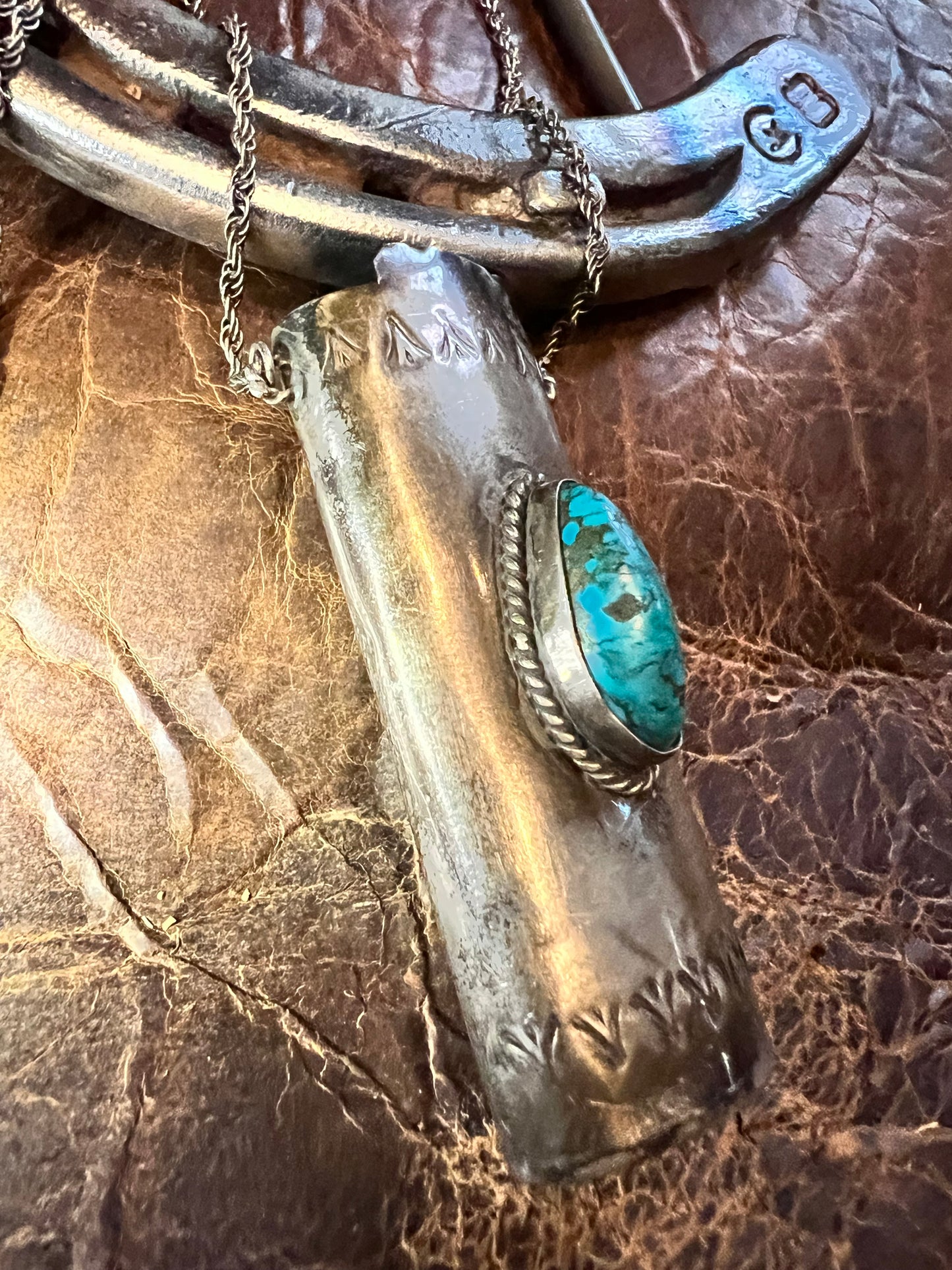 Vintage Navajo Handmade Sterling Silver & Turquoise Bic Lighter Case Chain Necklace 24”